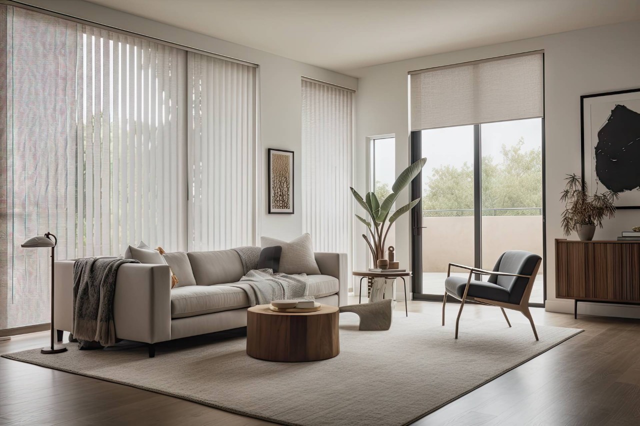 living room with roller shades and vertical blinds near Fairfax, VA