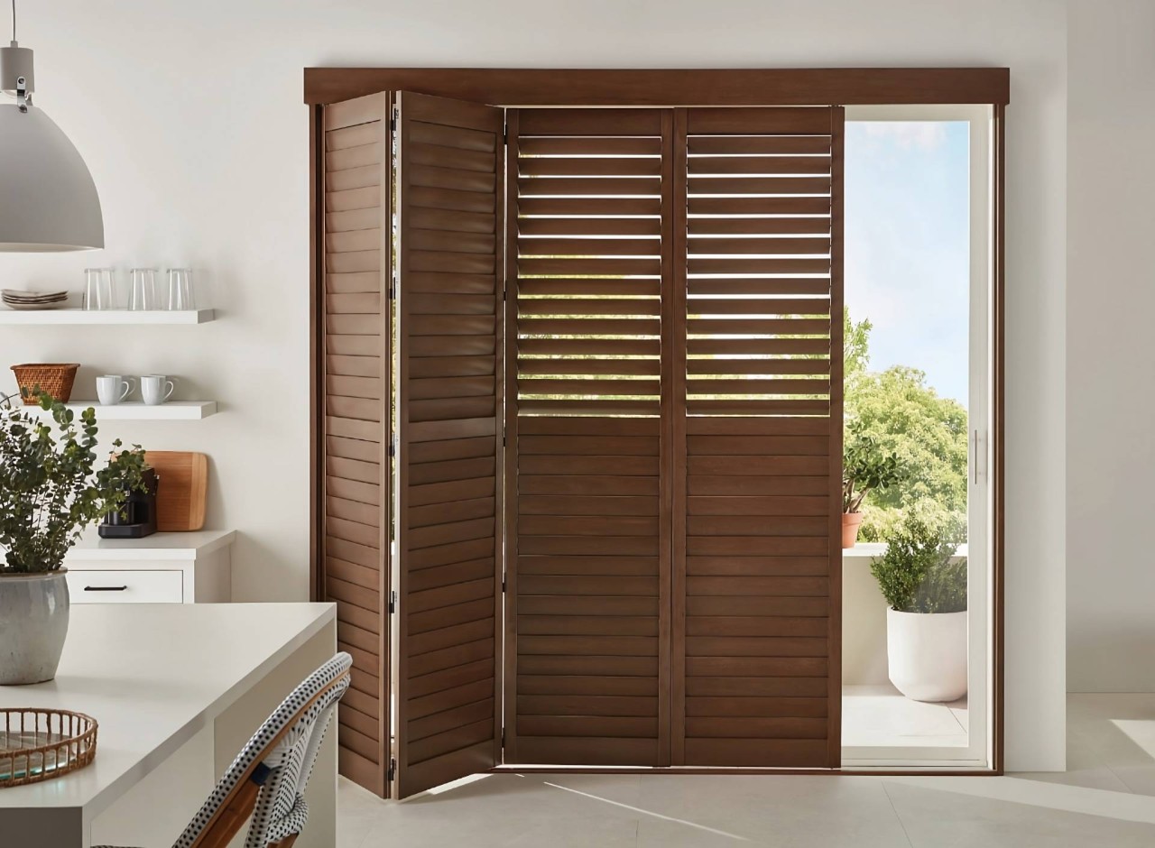Hunter Douglas Heritance® Wood Shutters on a sliding glass door in a beautiful white kitchen at Window Decor of Fairfax near Fairfax, VA