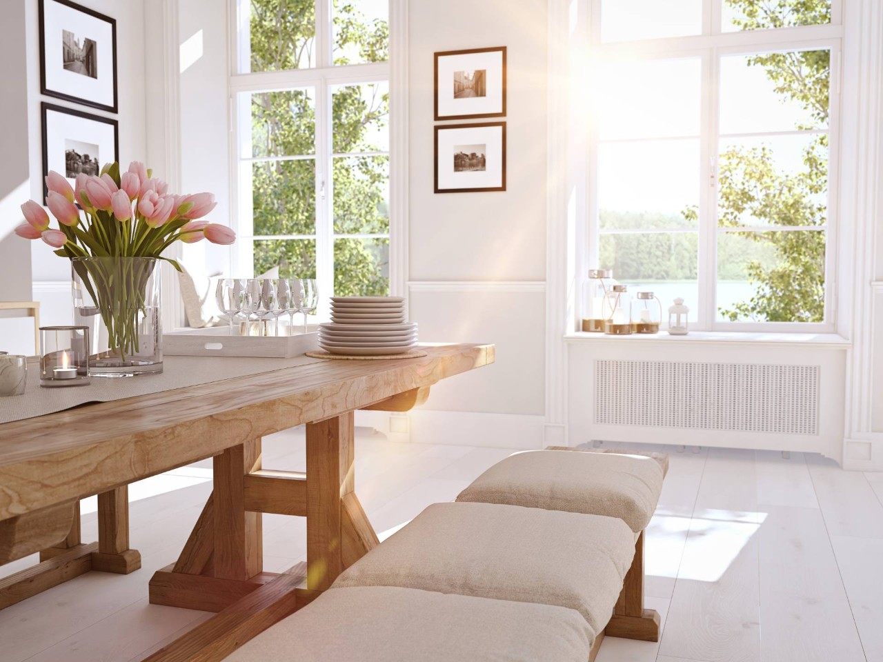 A Nordic-style dining room with fresh plans and large windows near Fairfax, Virginia (VA)