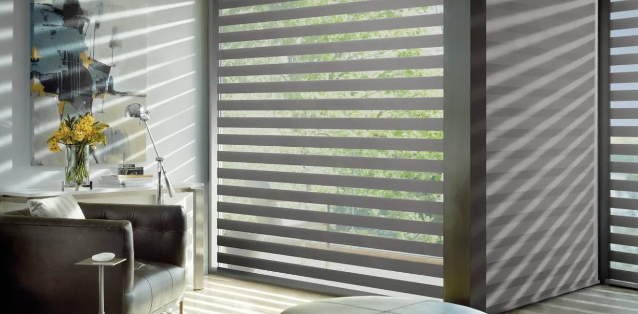 Hunter Douglas Designer Banded Shades covering a large window near Fairfax, VA