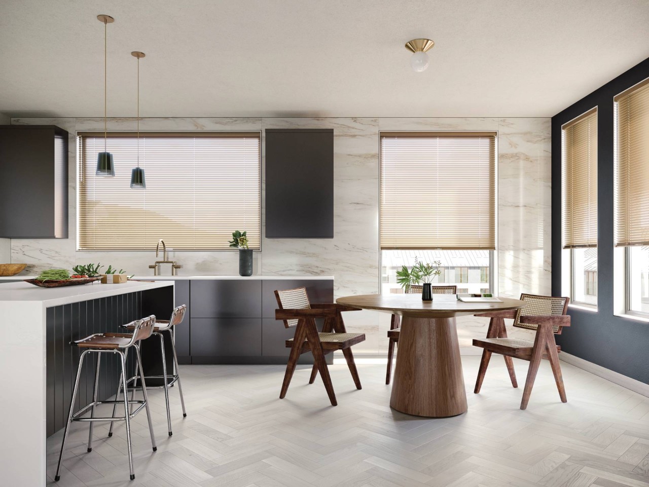 Durable Hunter Douglas Modern Precious Metals® Mini Blinds on kitchen windows in a modern style at Window Decor of Fairfax near Fairfax, VA